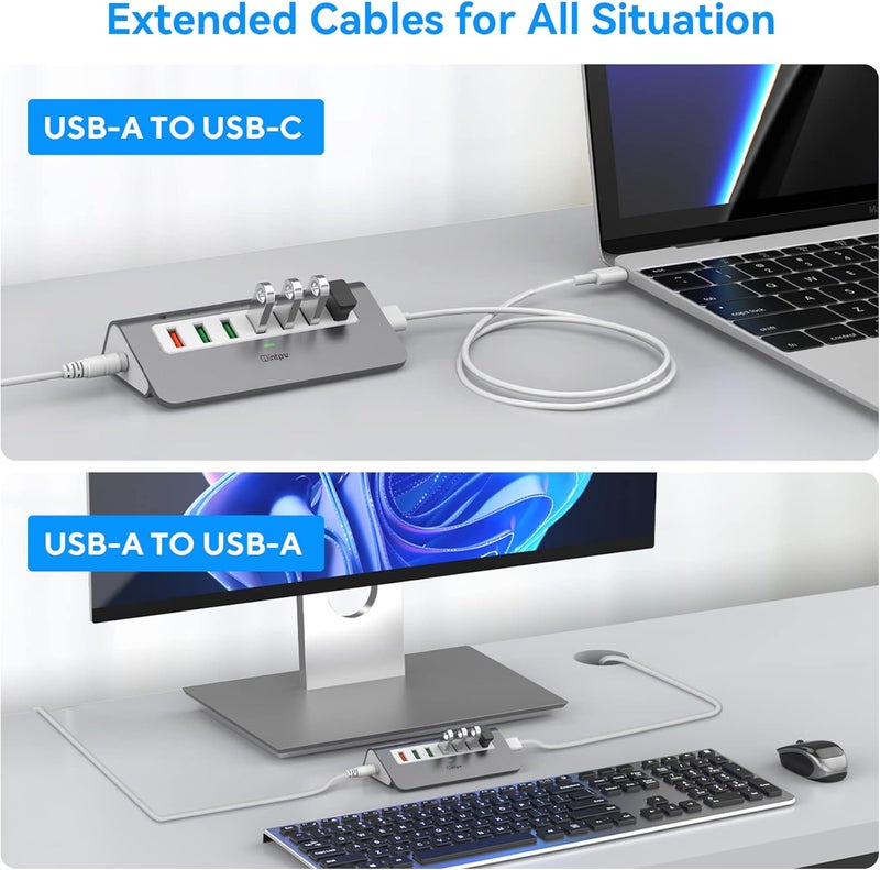 intpw Powered USB Hub 10Gbps, Aluminum 7 Port USB 3.2 Data Hub with 4 USB 3.2 Gen 2 Ports, 3 Fast Charging Ports, 36W Power Adapter, Type A & C Cable for Mac, PC, Laptop - Image 4